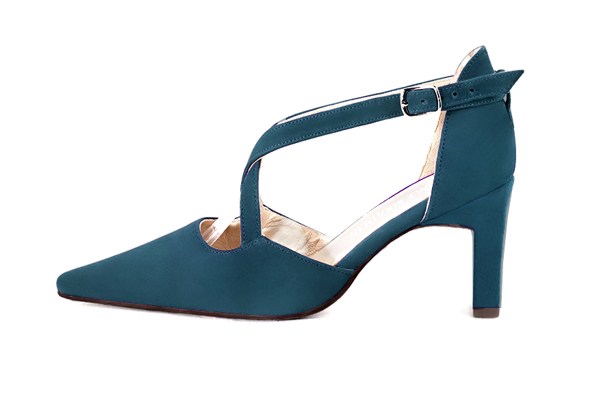 Women's peacock blue open side dress shoes, with crossed straps. Tapered toe. High comma heels - Profile view